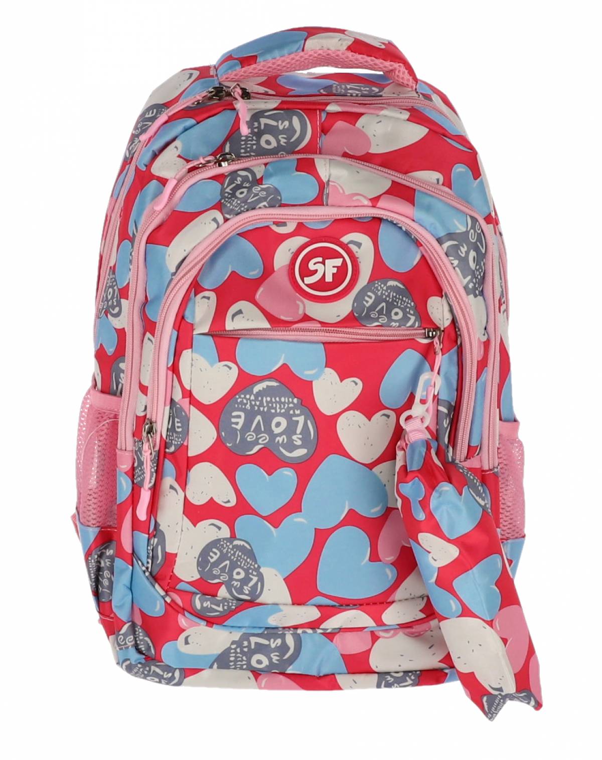 Ghiozdan SF, 4Fermoare 42cm cu penar etui ROSU Inimi